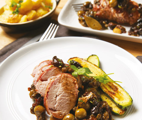Bacon Wrapped Pork Fillet with Prunes and Olives