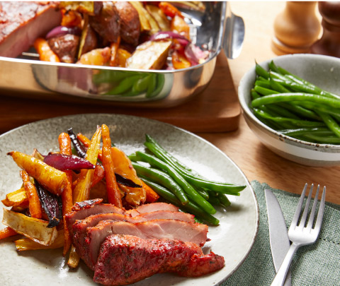 Red Wine and Garlic Pork Ribeye Roast with Balsamic Honey Roasted Veges and Green Beans