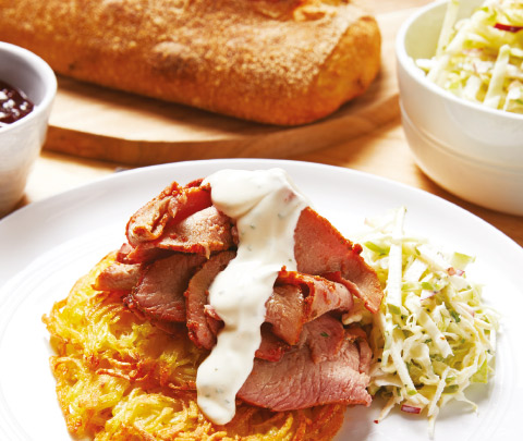 Red Wine and Garlic Pork Ribeye Roast with Rosti, Lemon Mayo and Apple Slaw
