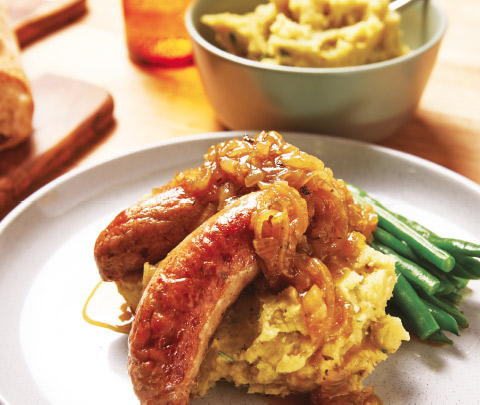 Sausages and Kumara Smash, with Sweet Onion Gravy
